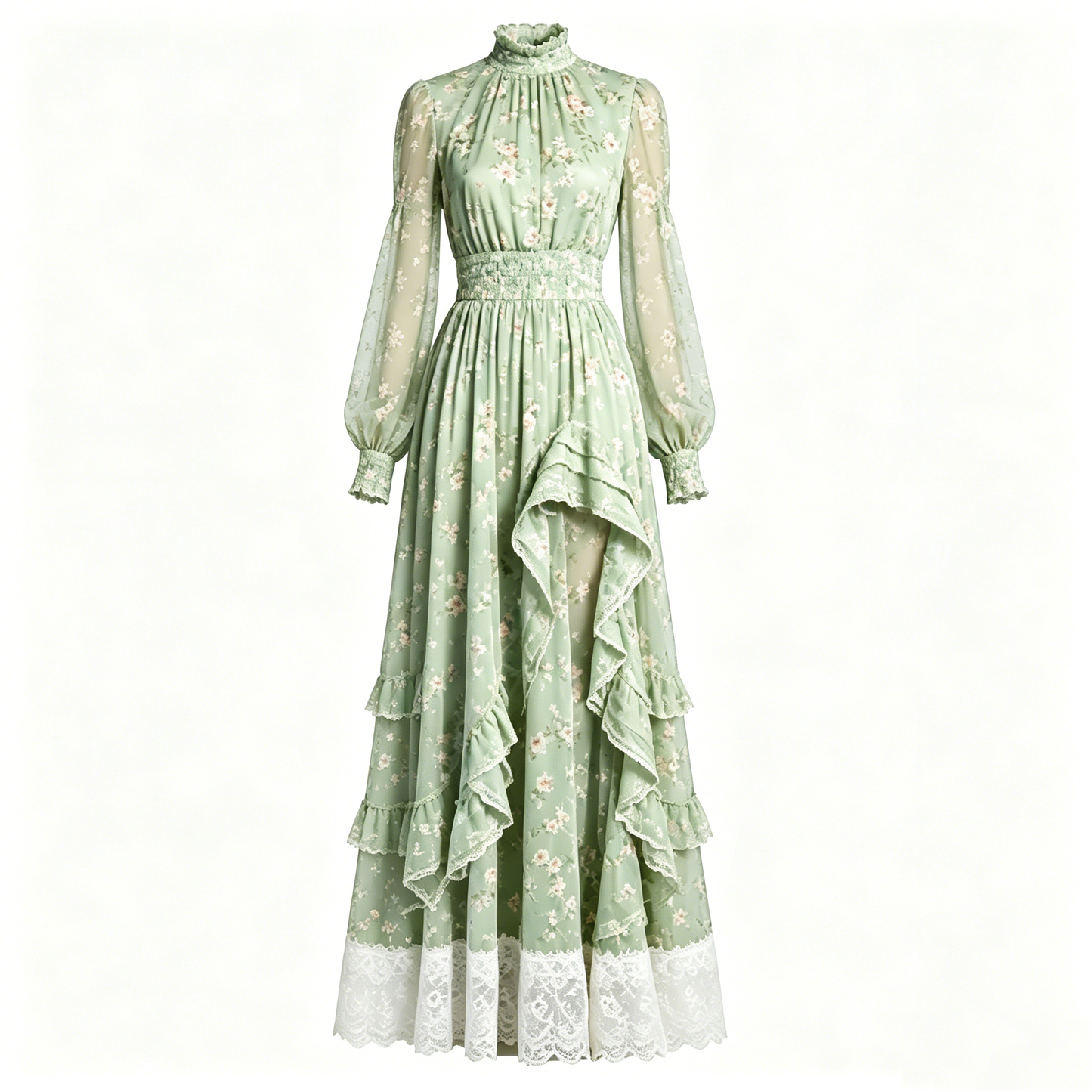 Sage Floral Chiffon Maxi Dress with Lace Trim