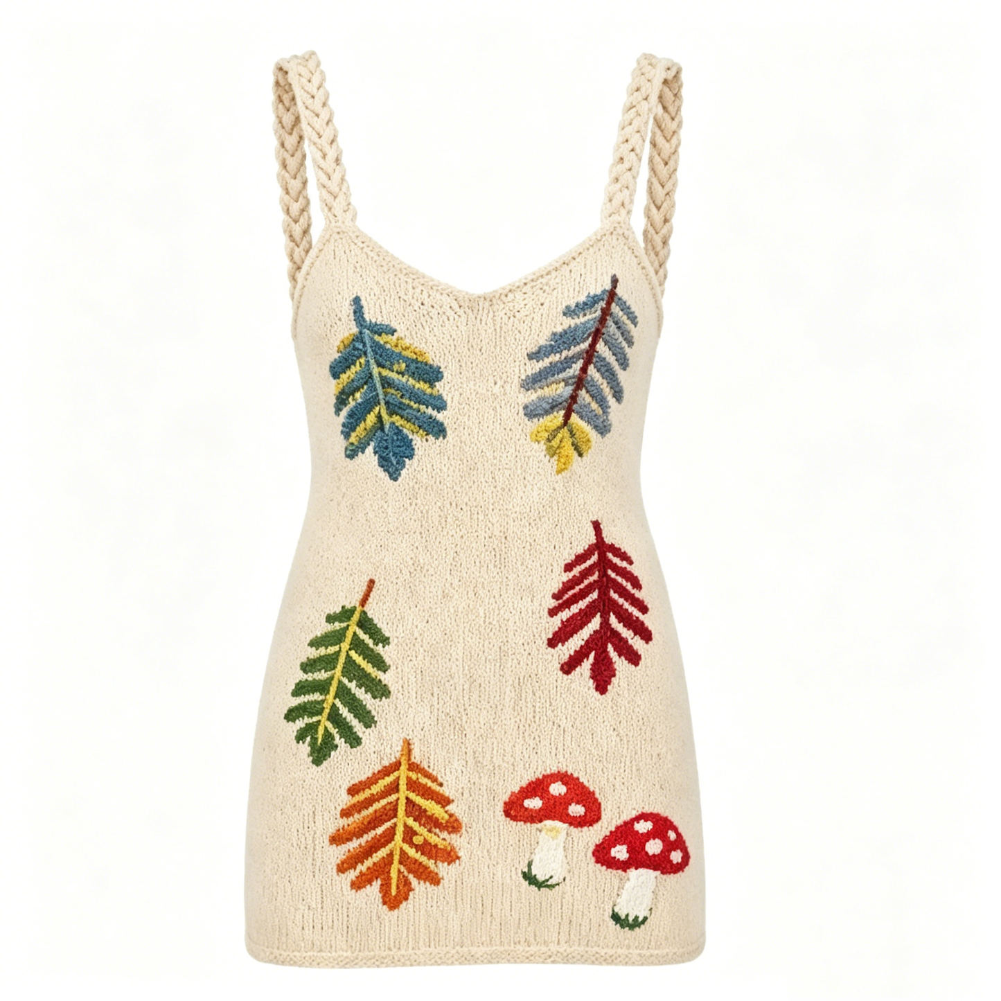 Cream Knit Mini Dress with Nature Embroidery