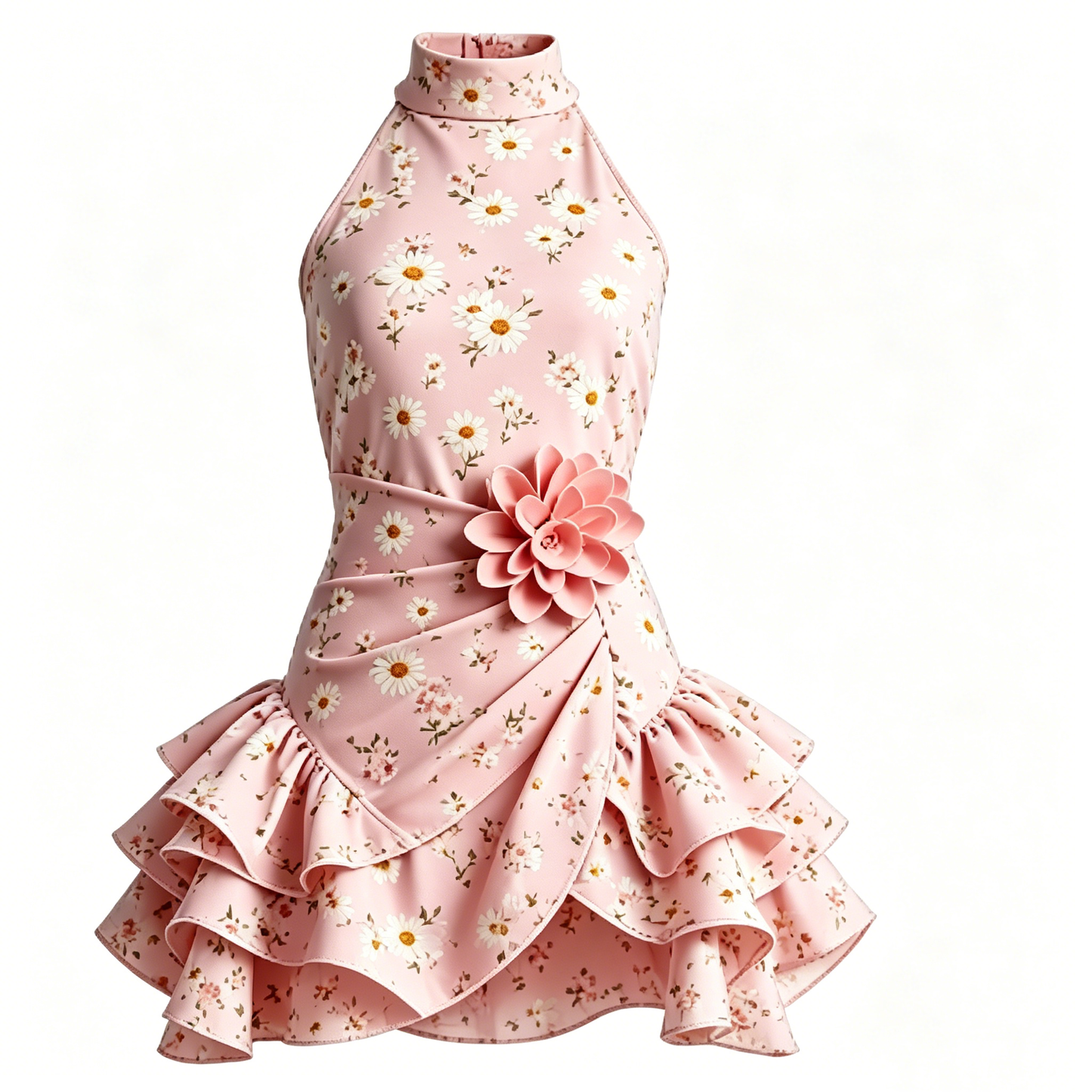 Pink Daisy Halter Neck Ruffle Mini Dress
