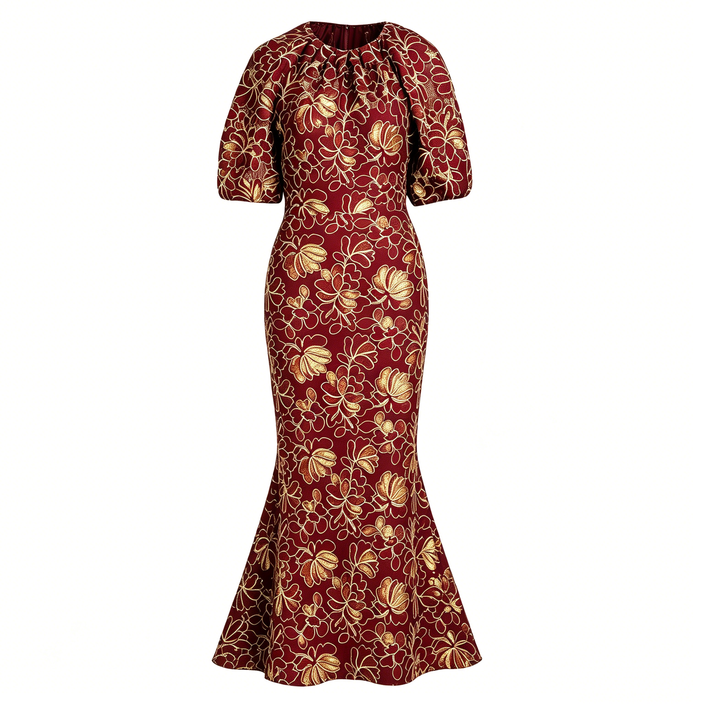 Burgundy Embroidered Mermaid Evening Gown