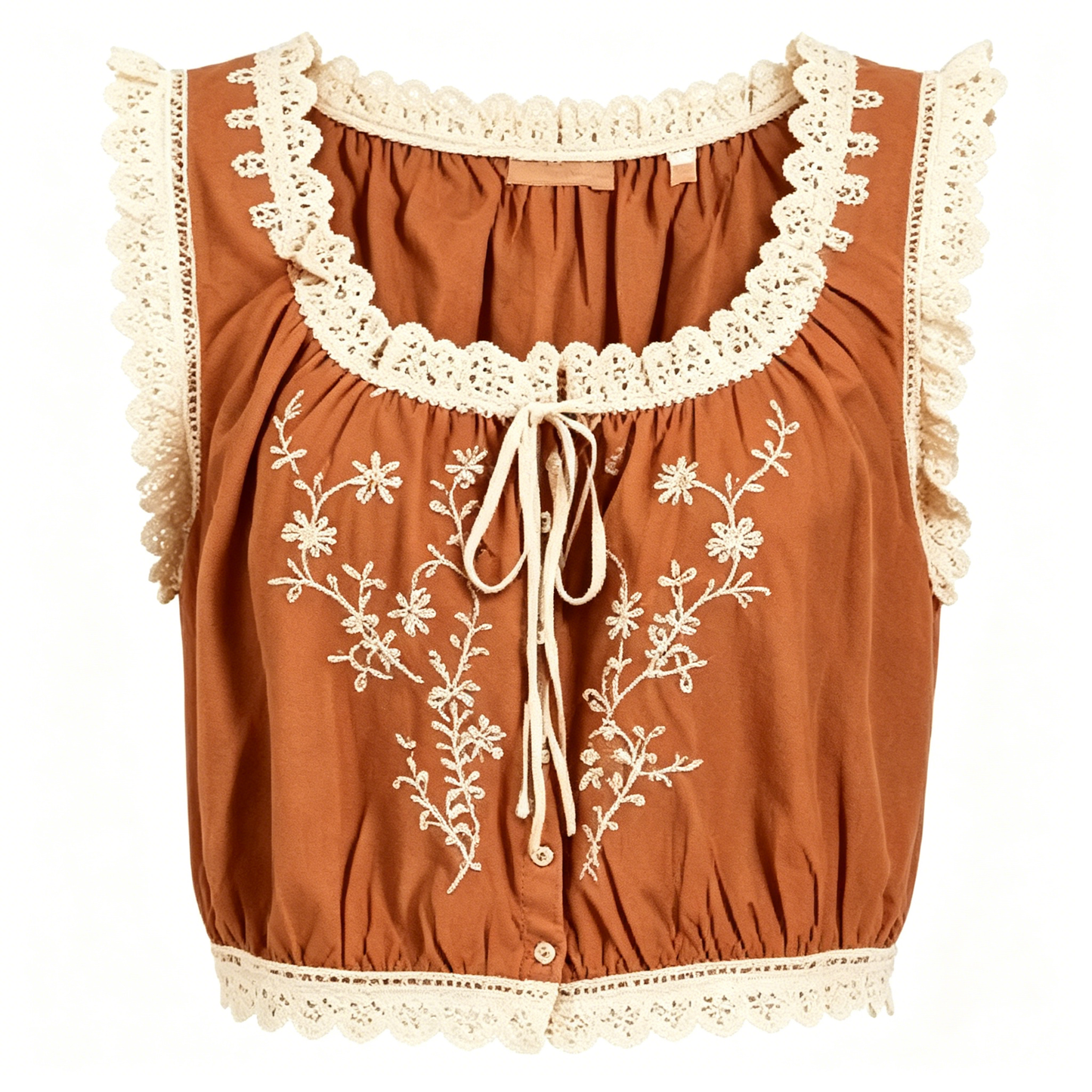 Rust Floral Embroidery Lace Trim Sleeveless Blouse