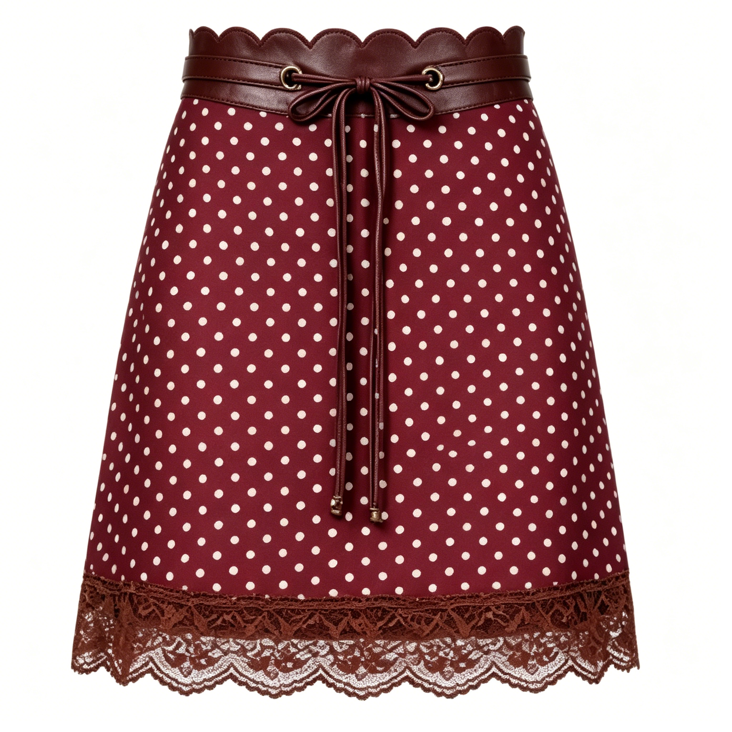 Burgundy Polka Dot A-Line Skirt with Lace Trim