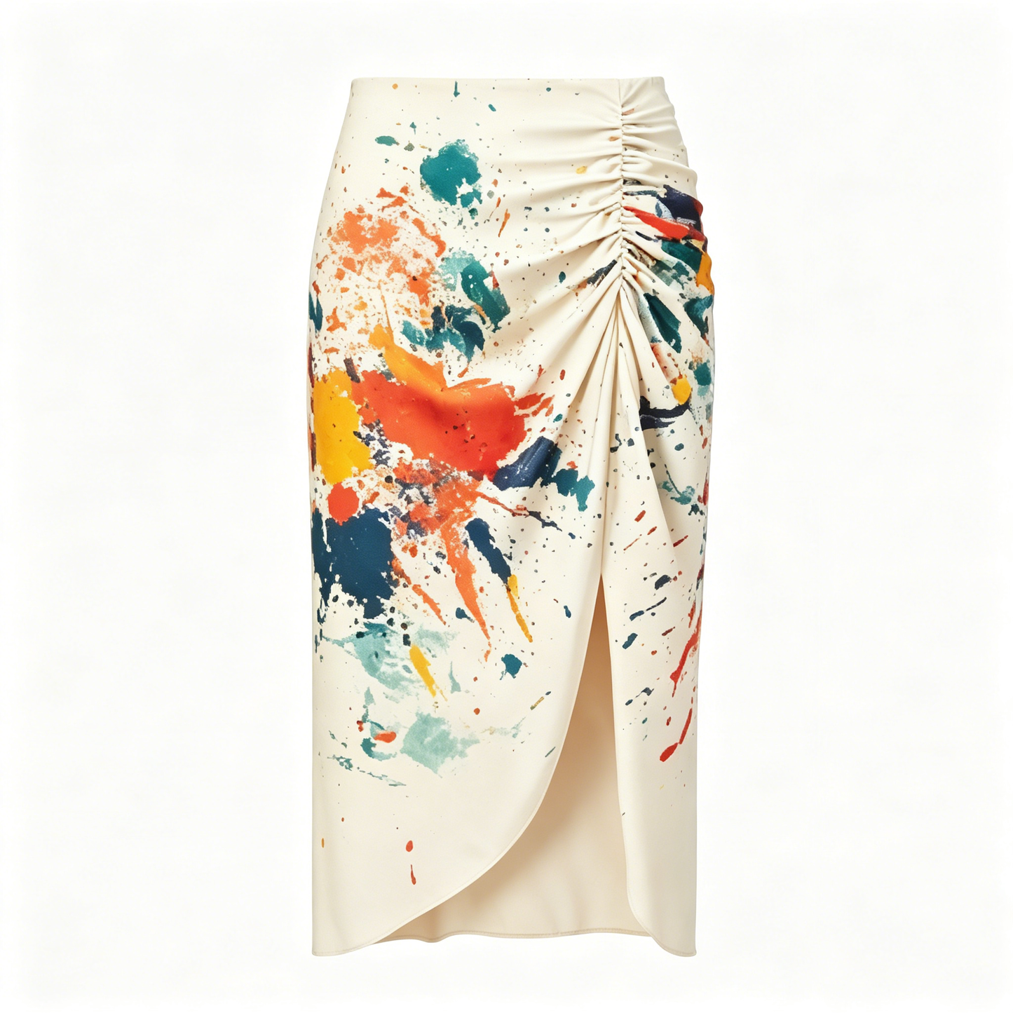 Cream Paint-Splatter Ruched Midi Skirt with Slit