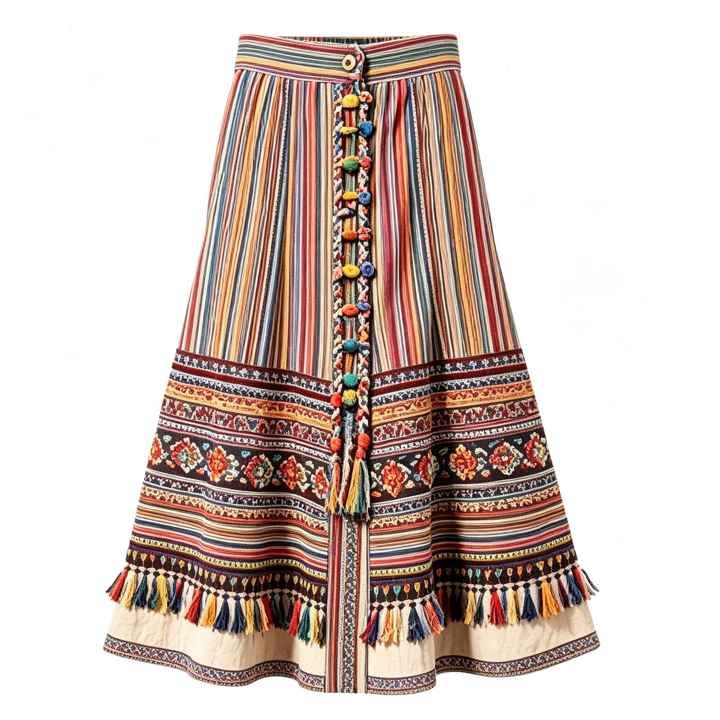 Bohemian Striped Tassel Midi Skirt