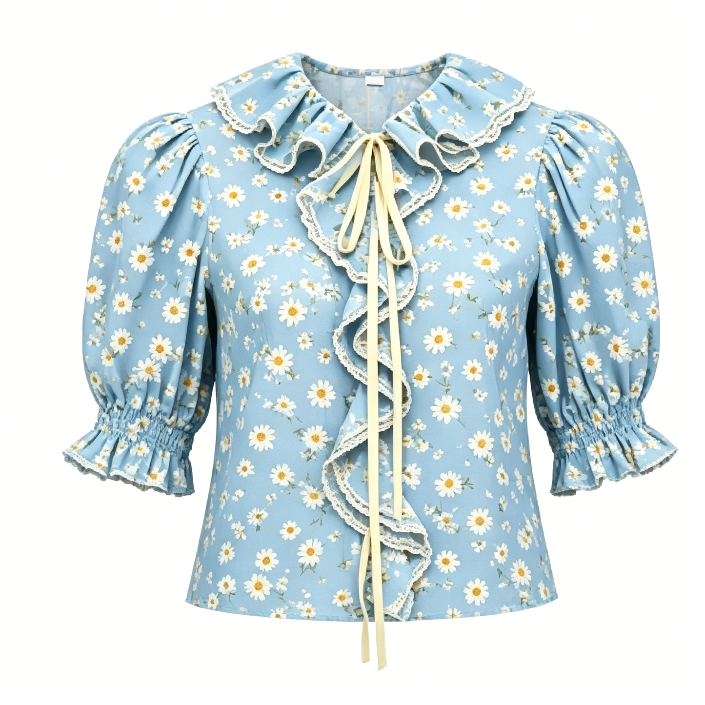 Light Blue Daisy Ruffle Tie Front Puff Sleeve Blouse