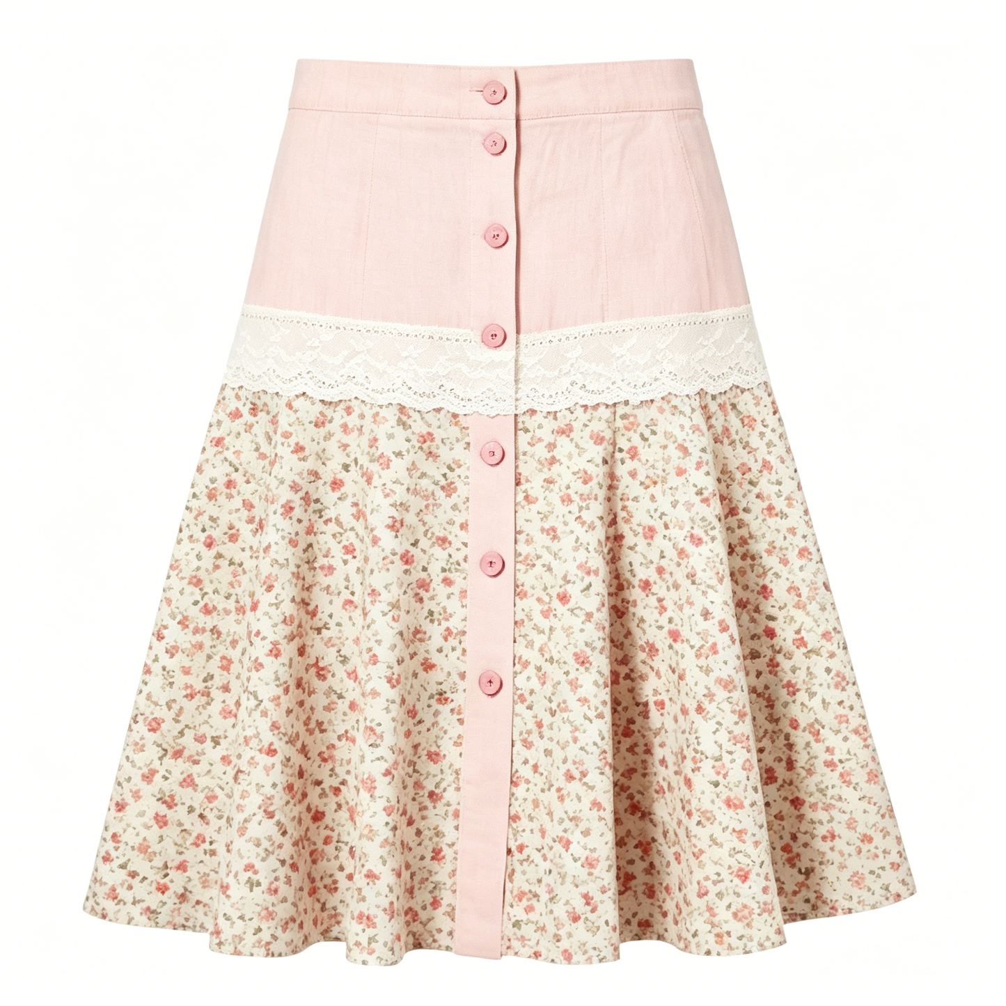 Pink and White Floral Tiered Midi Skirt with Lace