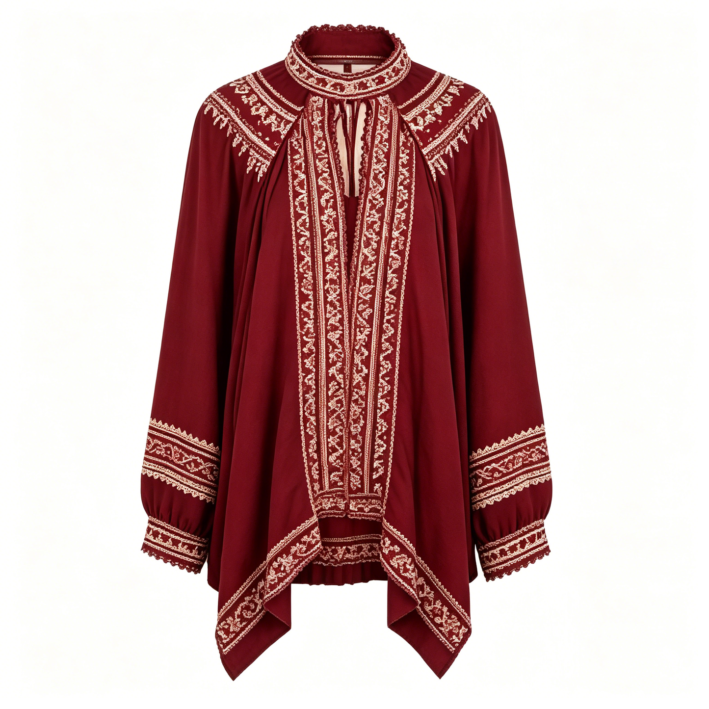 Burgundy Embroidered Boho Long Sleeve Tunic Blouse