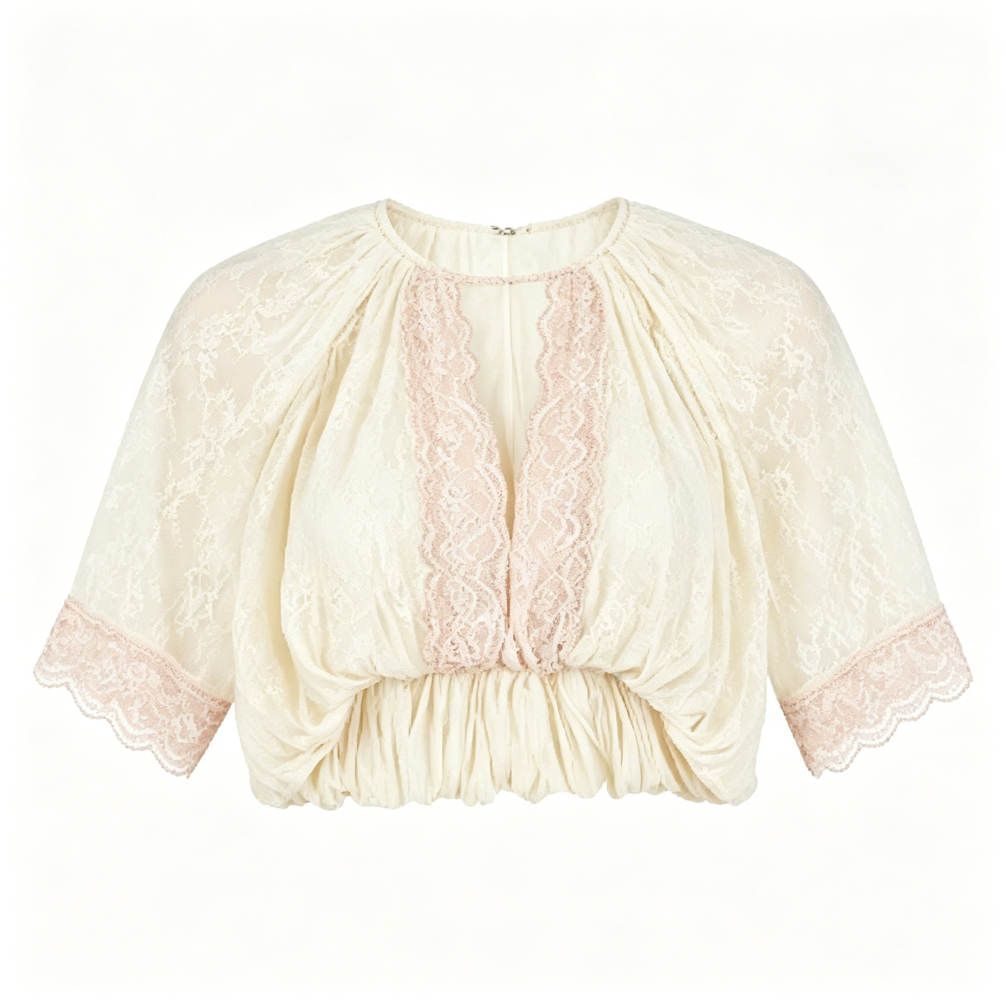 Cream Pink Lace Ruched Crop Blouse