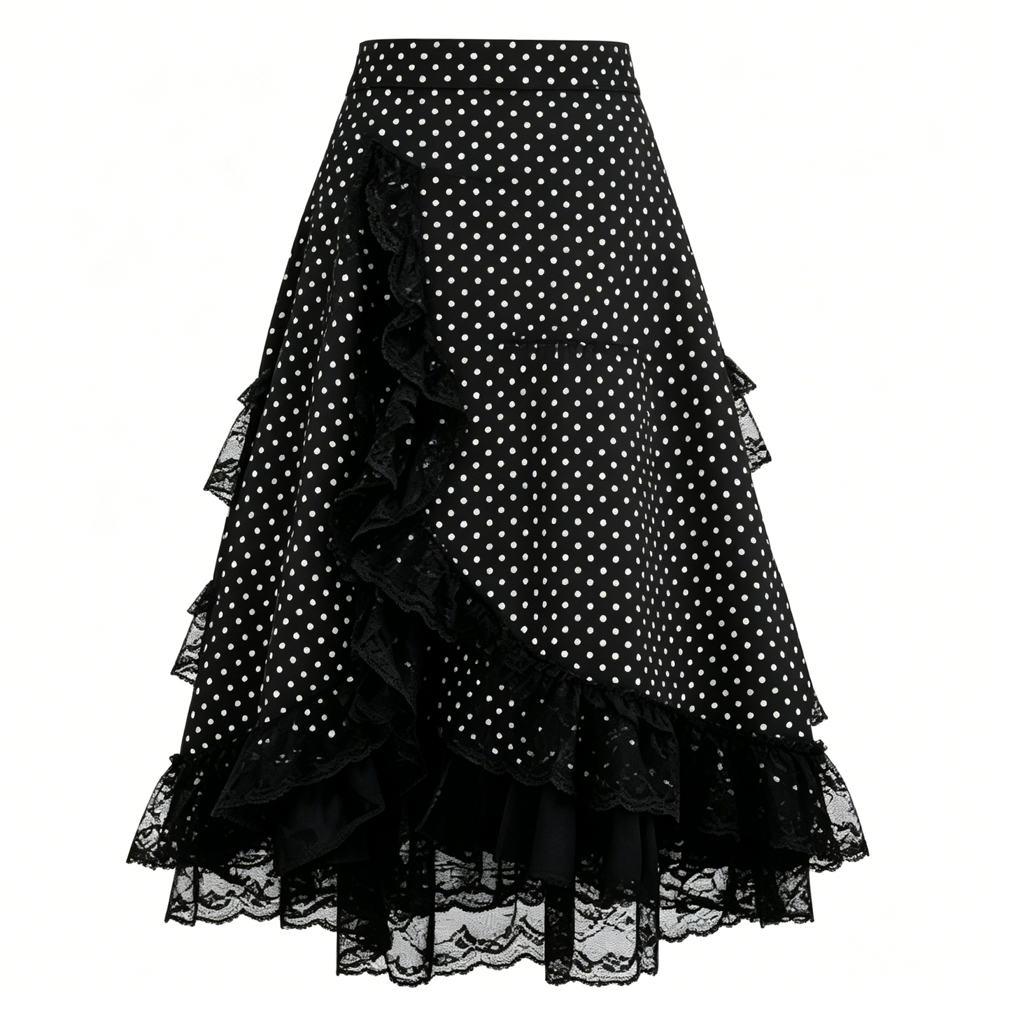 Black Polka Dot Lace Tiered Midi Skirt