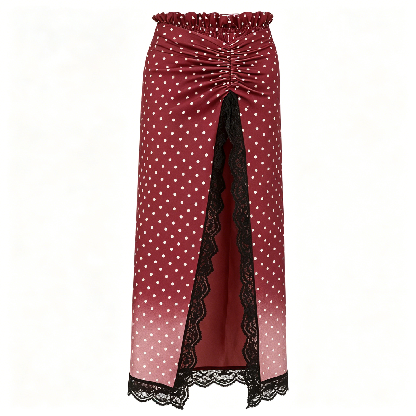 Burgundy Polka Dot Gradient Midi Skirt with Lace Slit