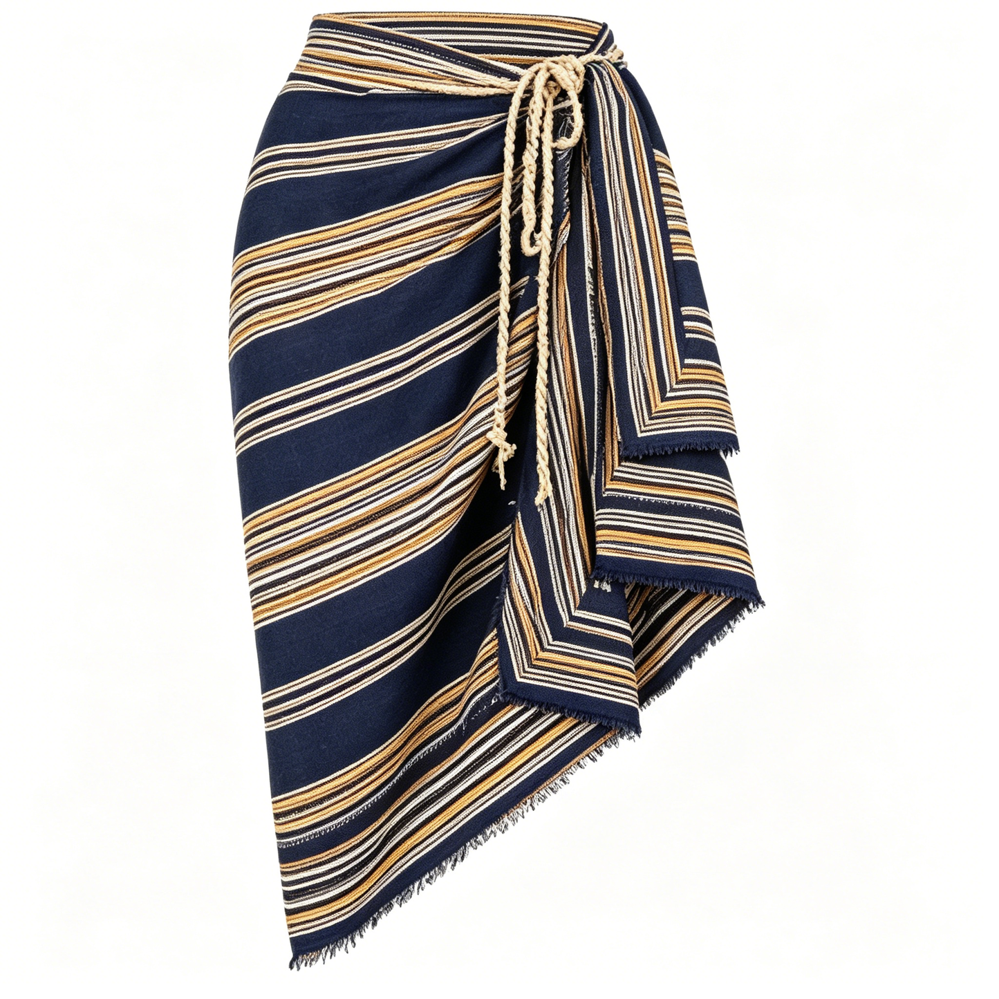 Navy Striped Wrap Mini Skirt with Fringe