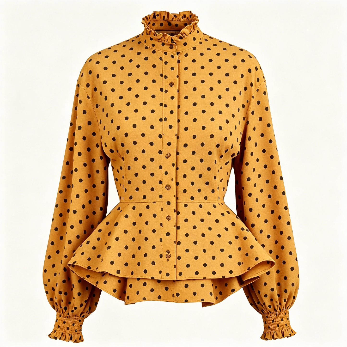Mustard Polka Dot Ruffle Collar Peplum Blouse
