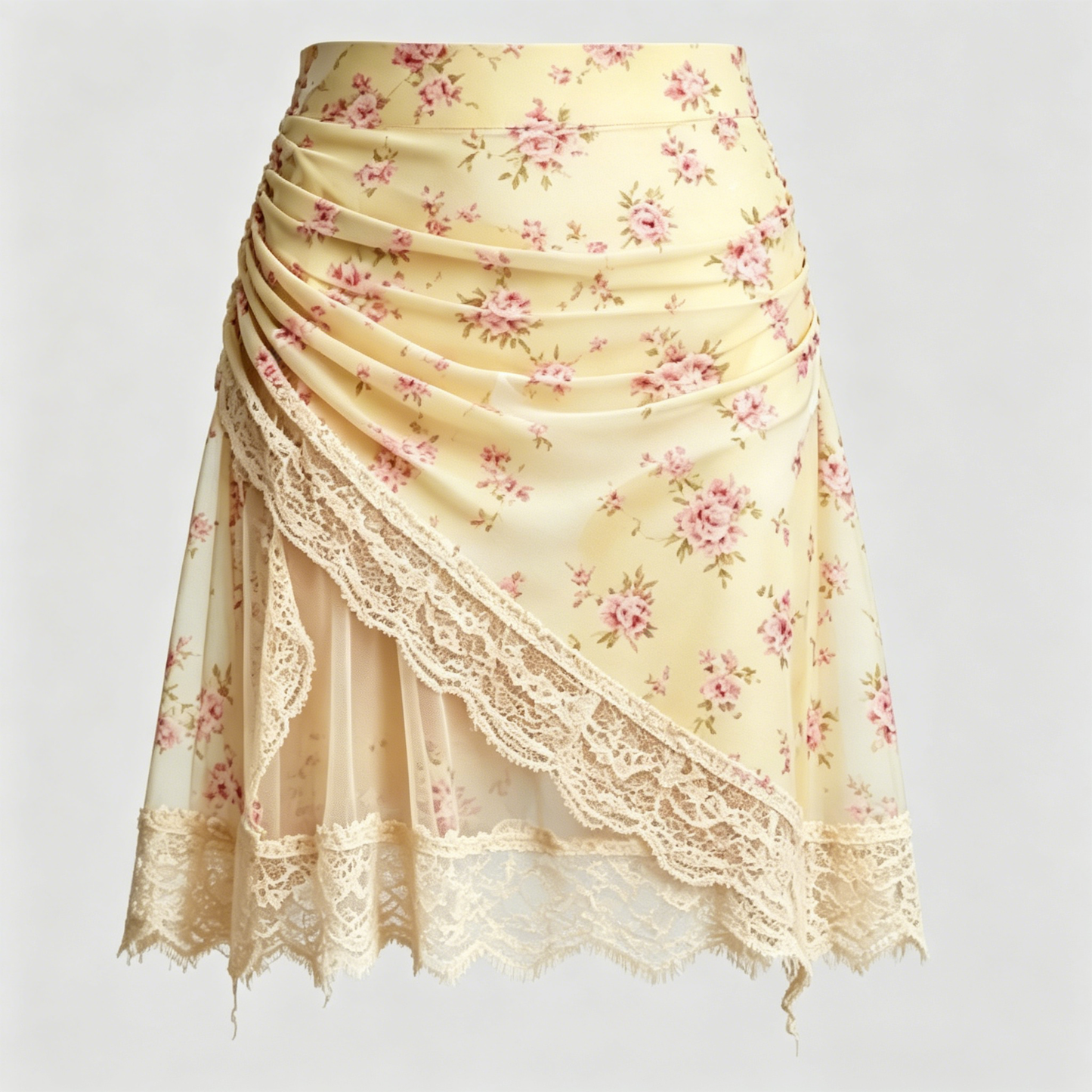 Pale Yellow Rose Print Lace Overlay Midi Skirt