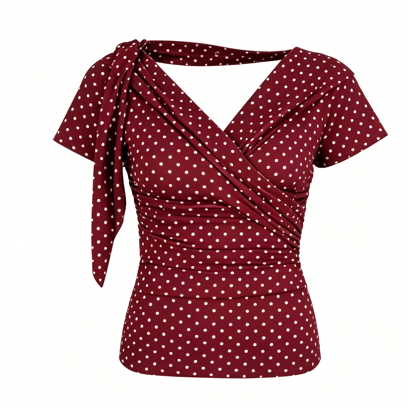 Burgundy Polka Dot Wrap Tie Shoulder Short Sleeve Top
