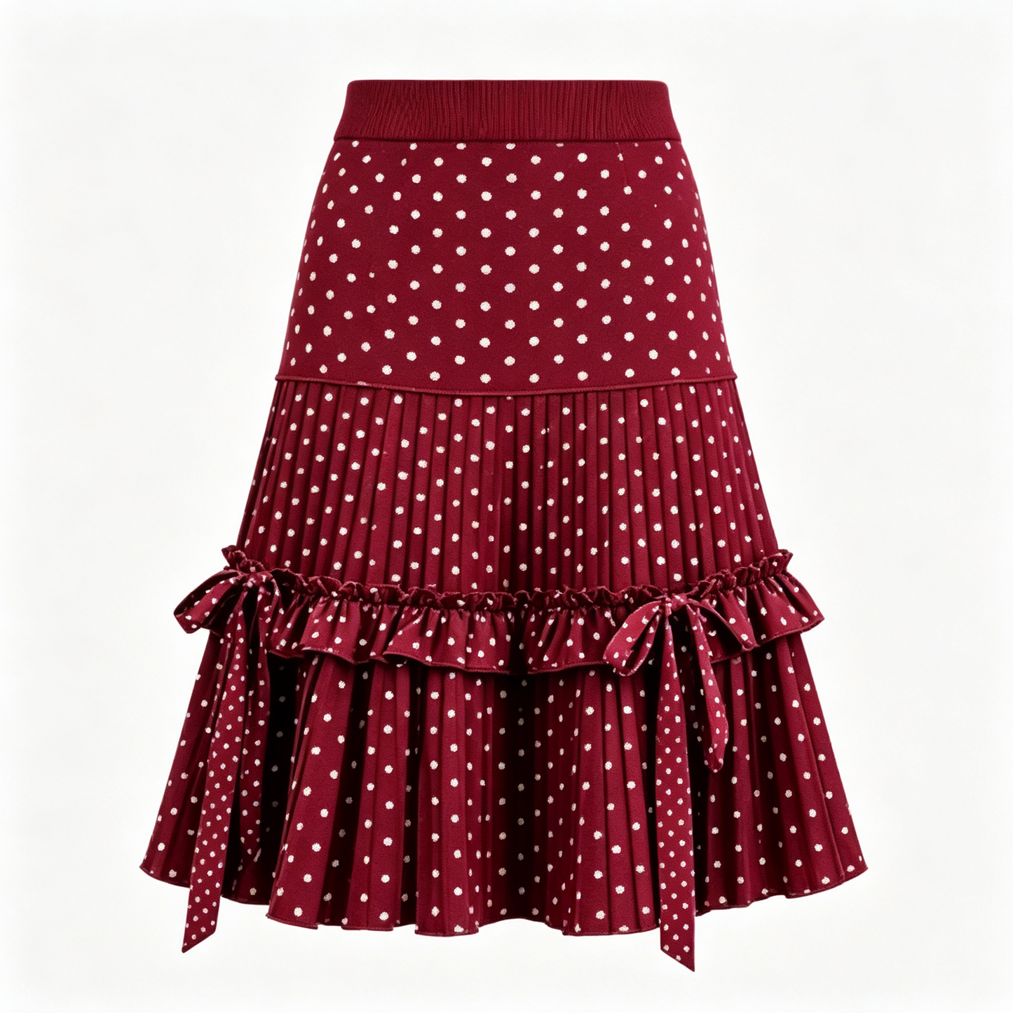 Burgundy Polka Dot Pleated Mini Skirt with Bows