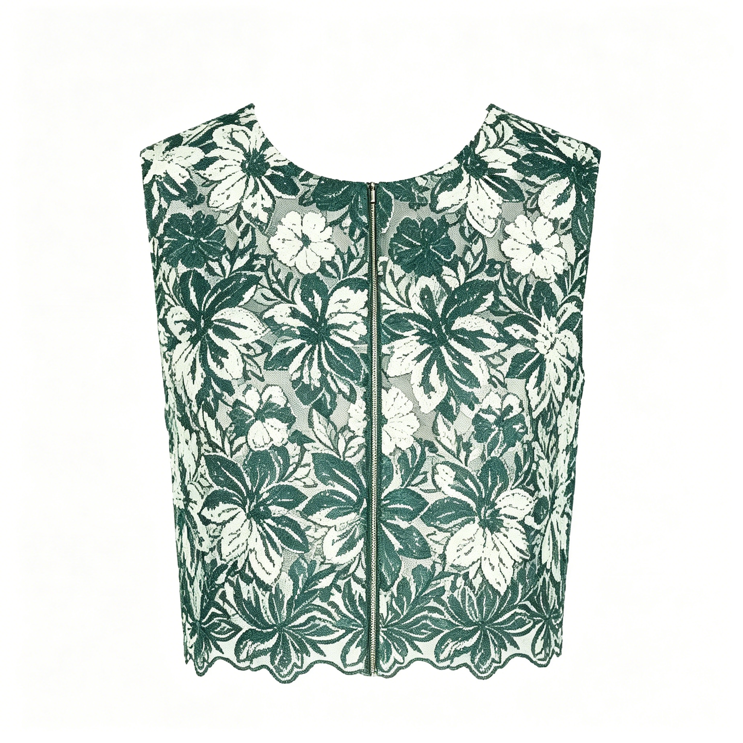 Green White Floral Lace Sleeveless Zip Back Crop Top