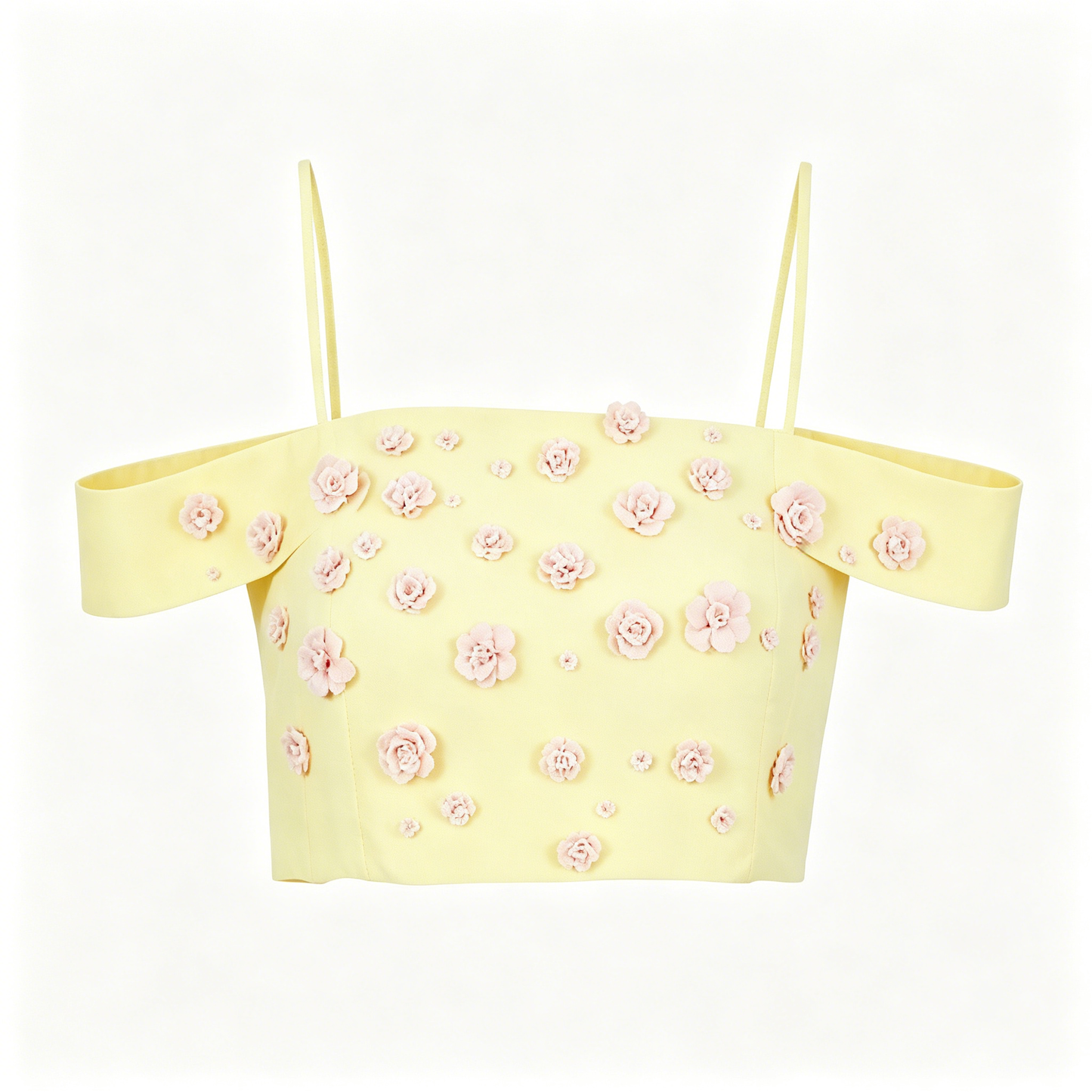 Yellow 3D Pink Floral Off Shoulder Spaghetti Strap Crop Top
