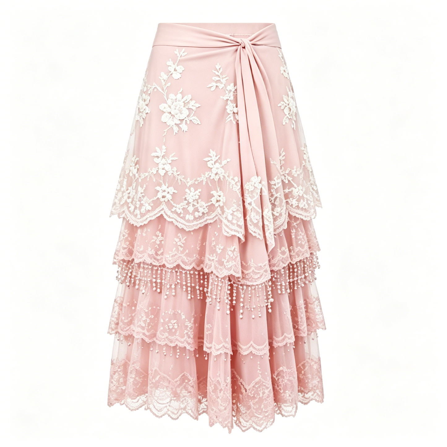 Pink Lace Pearl Tiered Midi Skirt