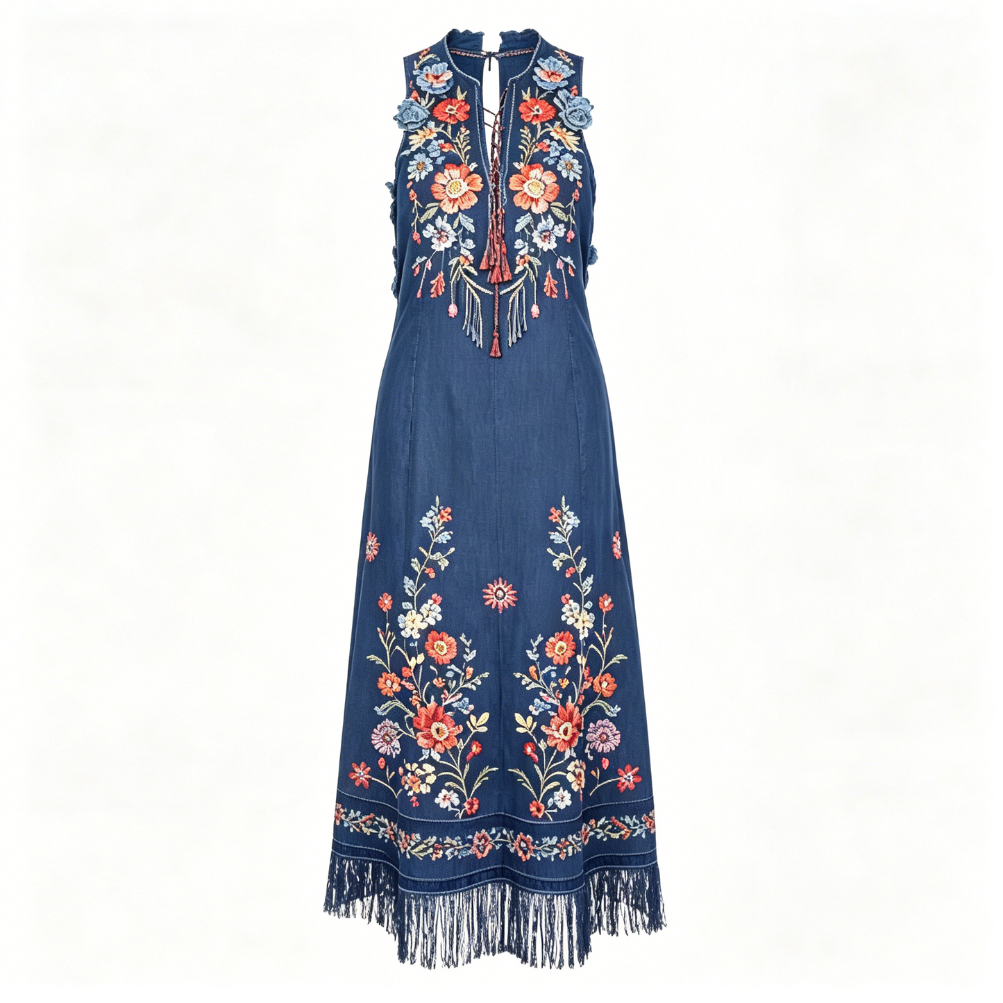 Sleeveless Embroidered Denim Maxi Dress with Fringe Hem