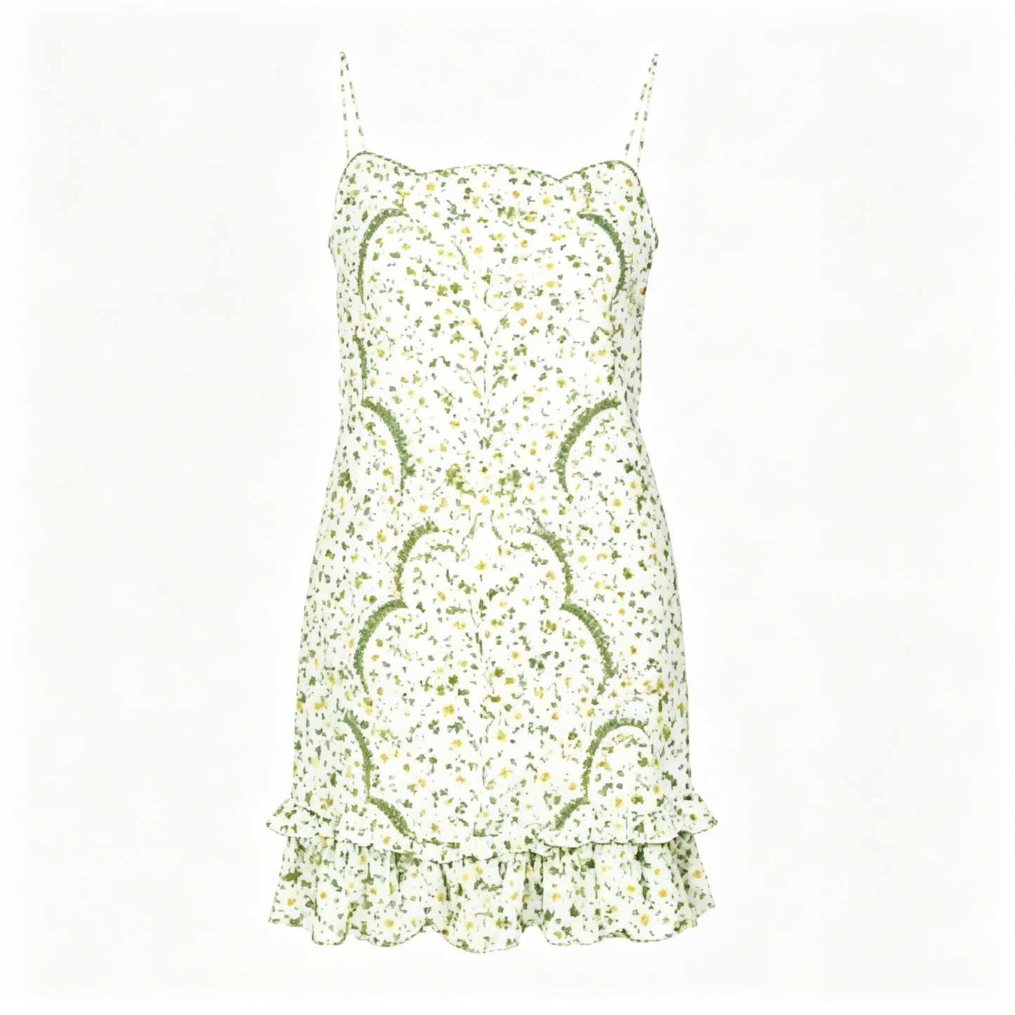 Green Ditsy Floral Cami Mini Dress with Ruffle Hem