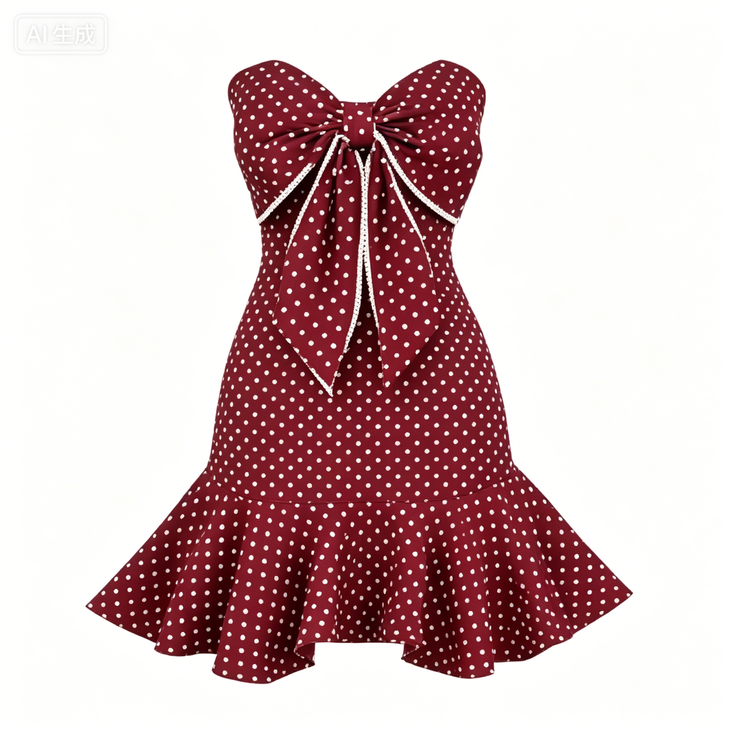 Burgundy Polka Dot Strapless Mini Dress with Bow