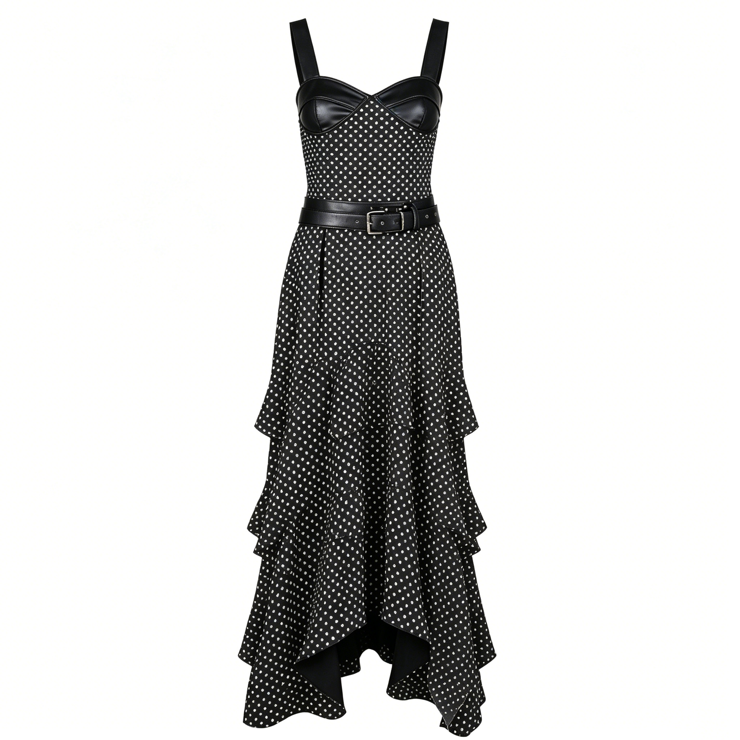 Black Polka Dot Sleeveless Maxi Dress with Leather Corset