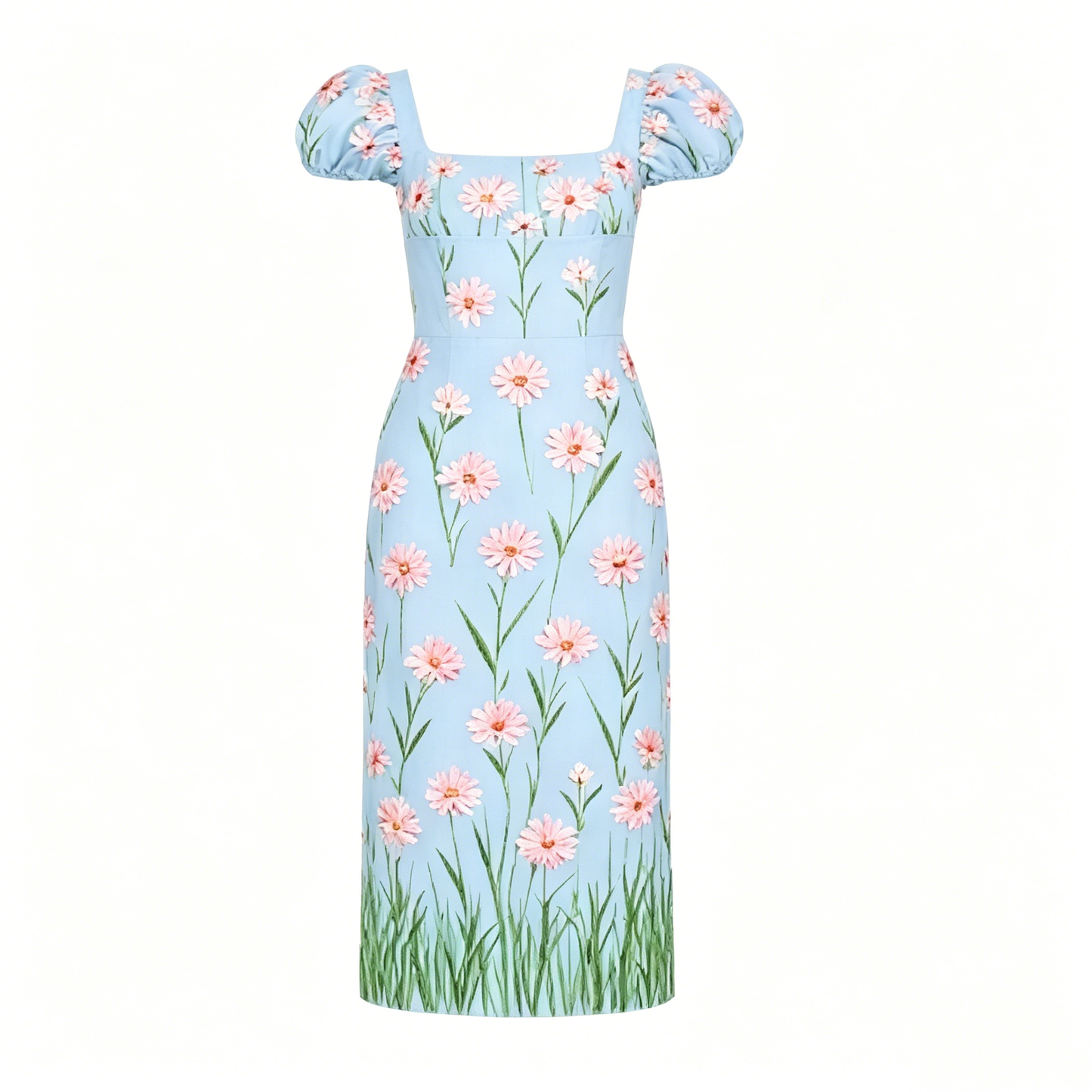 Light Blue Daisy Print Puff Sleeve Midi Dress