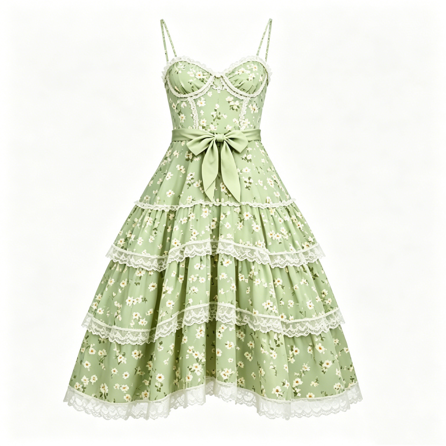 Ditsy Floral Tiered Midi Dress with Bow Waist