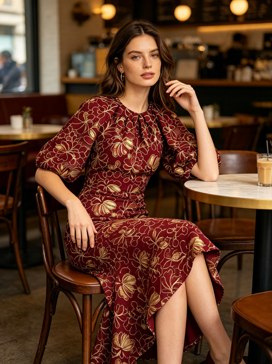 Burgundy Embroidered Mermaid Evening Gown