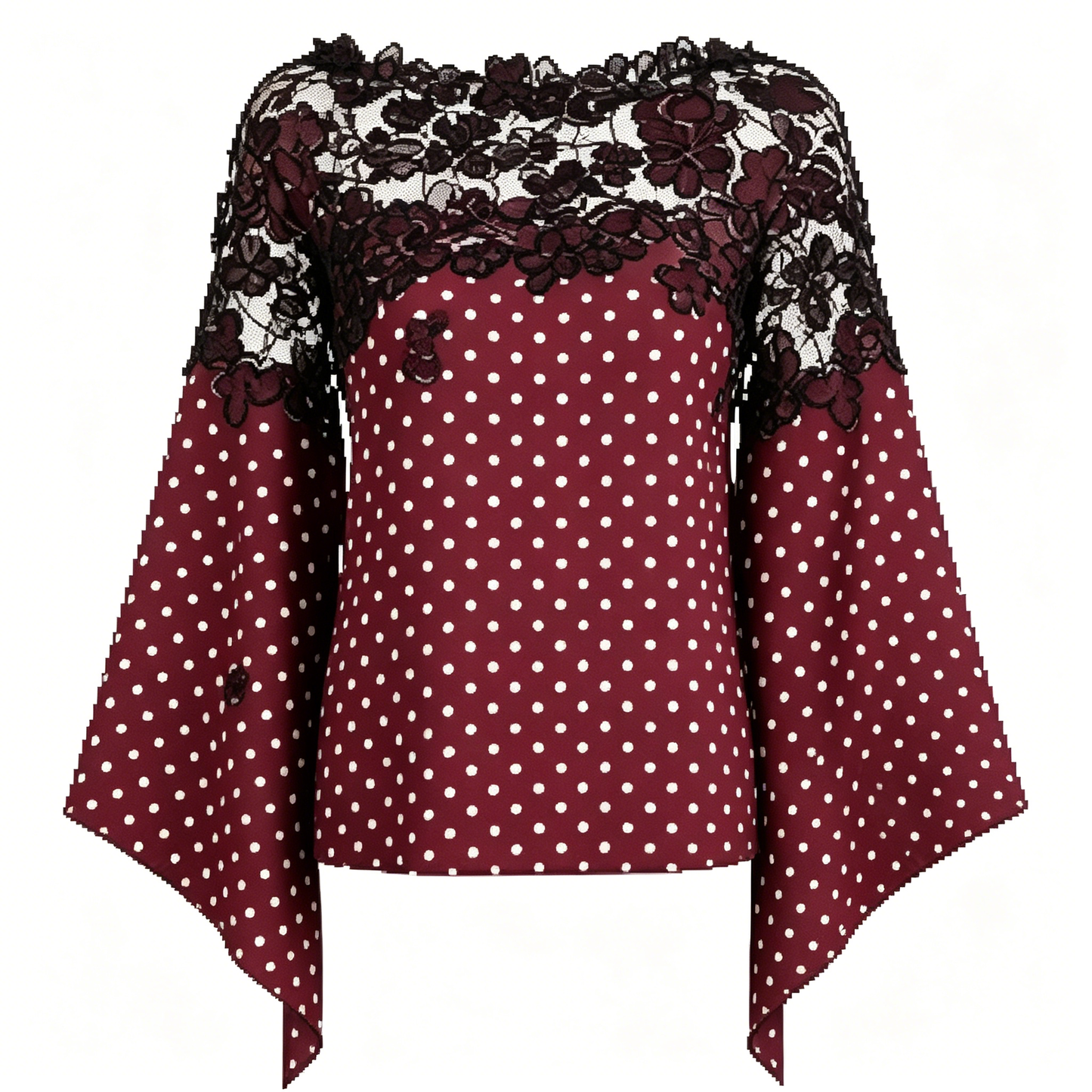 Burgundy Polka Dot Off Shoulder Lace Bell Sleeve Blouse