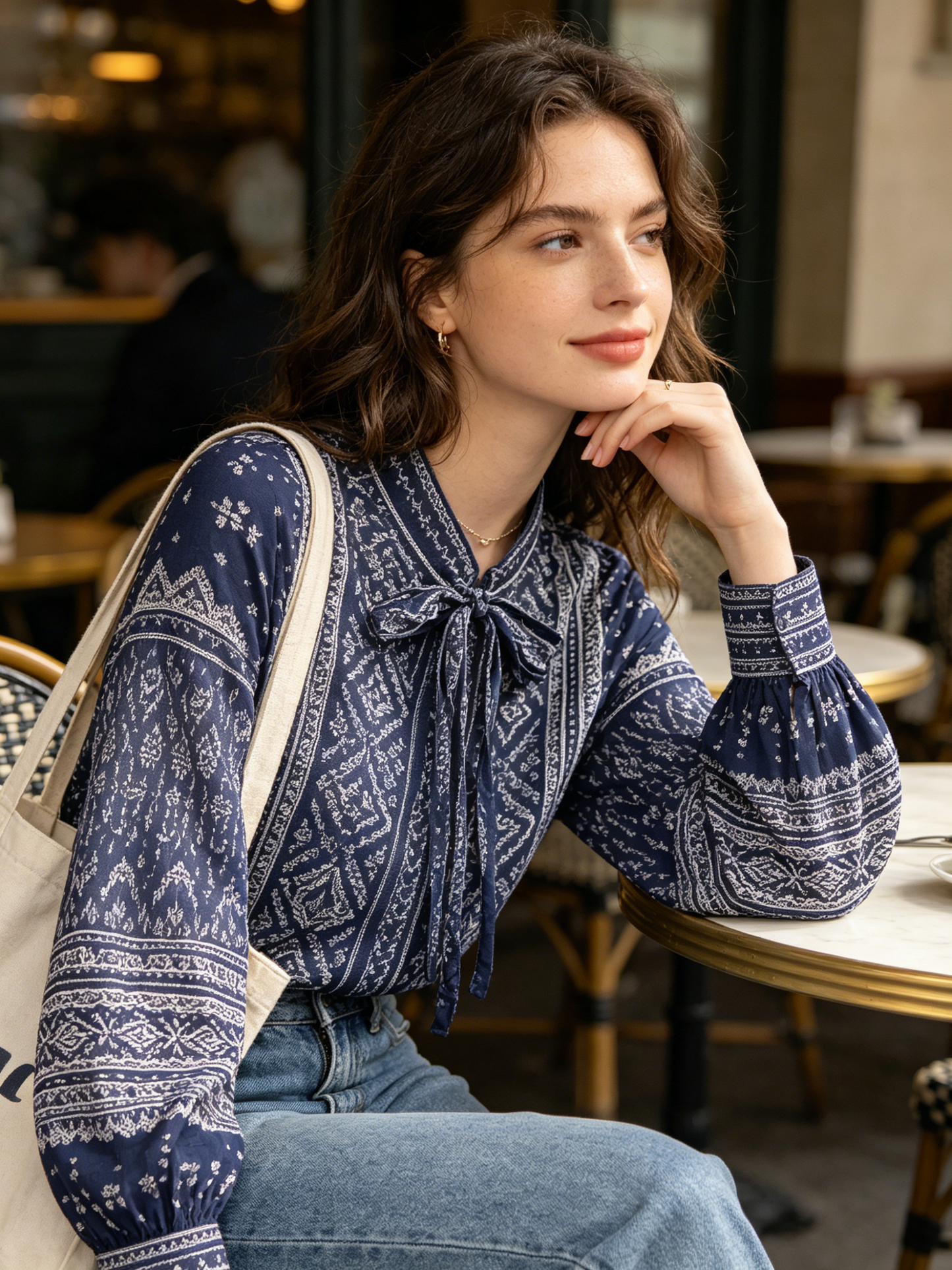 Navy Tribal Print Tie Neck Balloon Sleeve Blouse