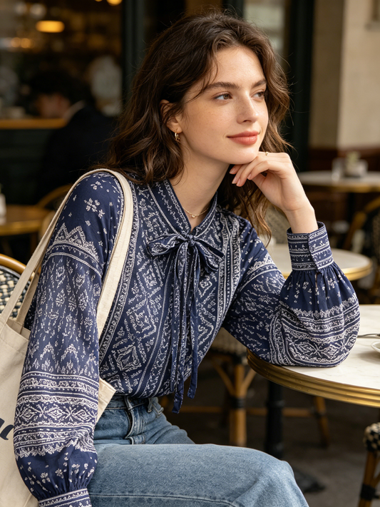 Navy Tribal Print Tie Neck Balloon Sleeve Blouse