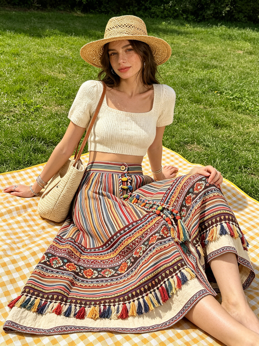 Bohemian Striped Tassel Midi Skirt
