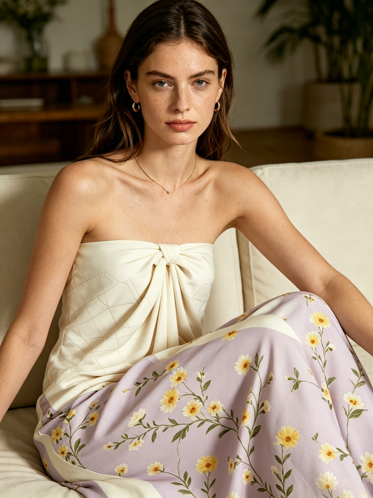 White and Lavender Floral Strapless Maxi Dress