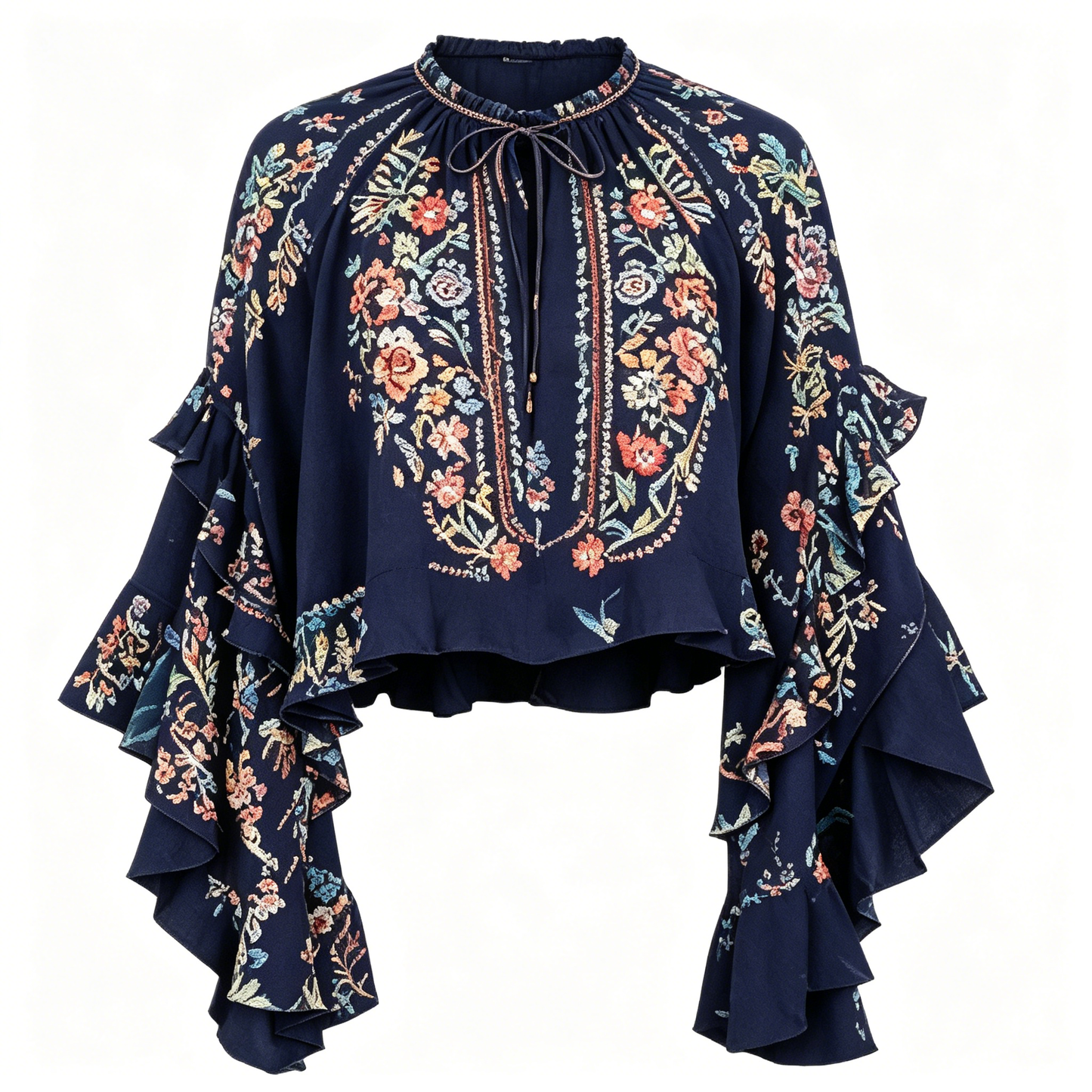 Navy Floral Printed Ruffle Flare Sleeve Cropped Blouse