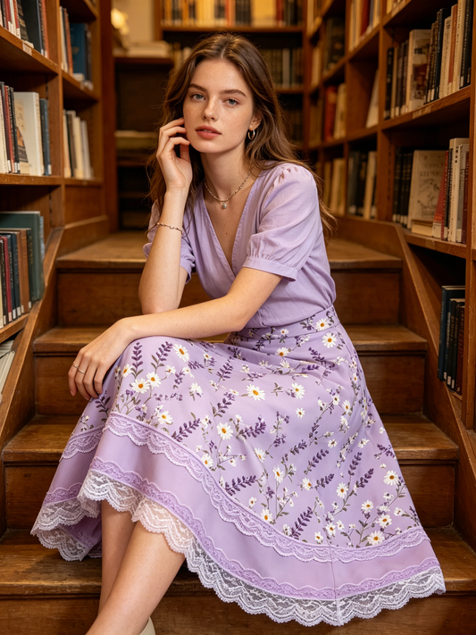 Lavender Daisy and Lavender Lace Trimmed Midi Skirt