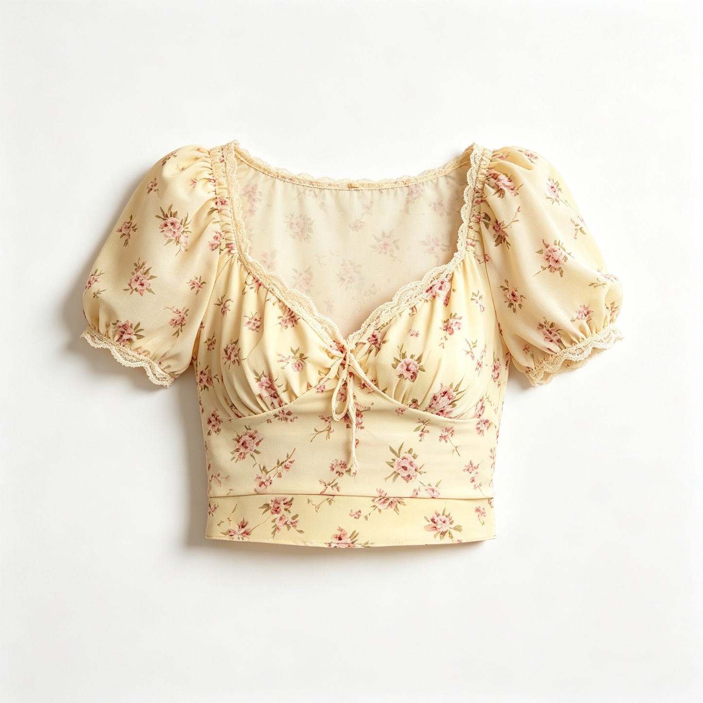 Pale Yellow Floral Puff Sleeve Lace Trim Crop Top