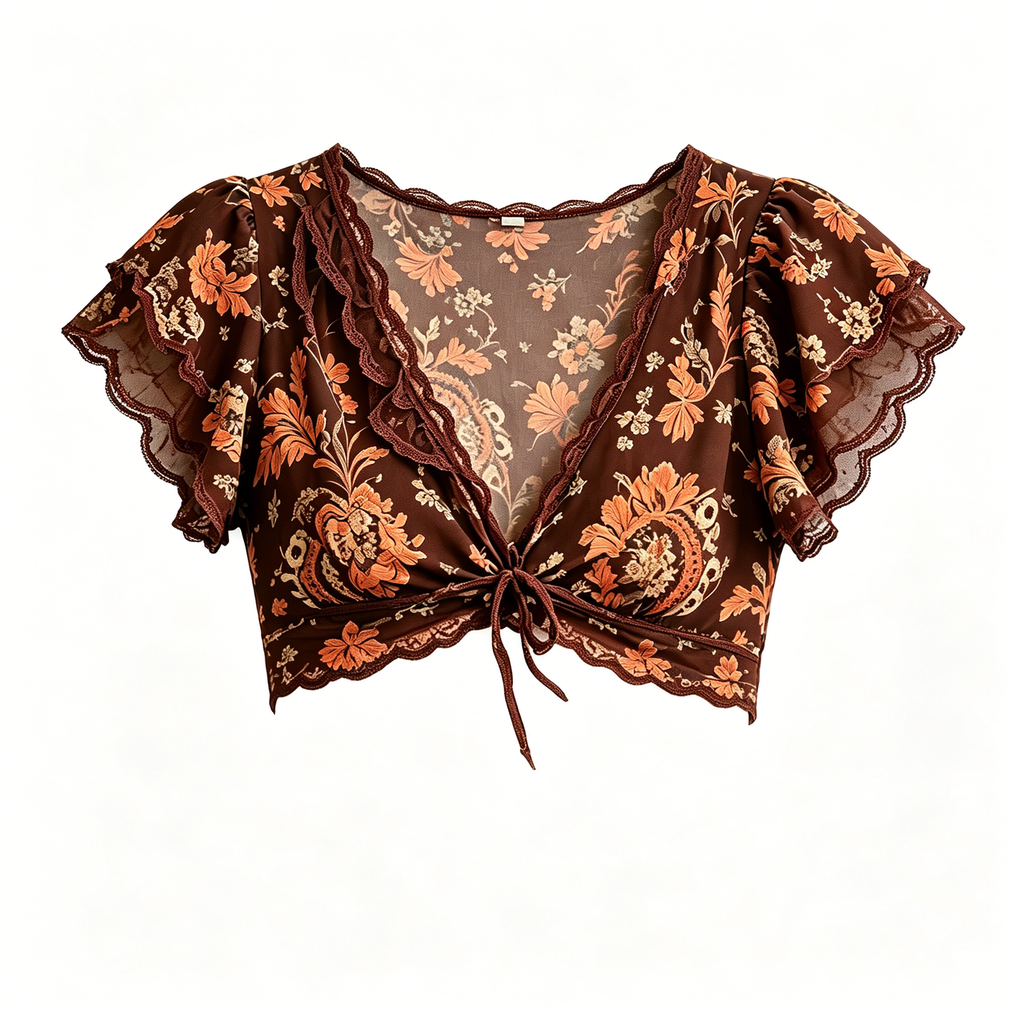 Dark Brown Vintage Floral Ruffle Wrap Crop Blouse