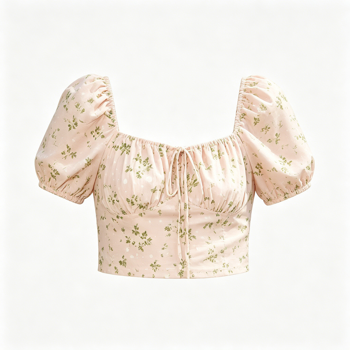Light Pink Leaf Ditsy Puff Square Neck Crop Top