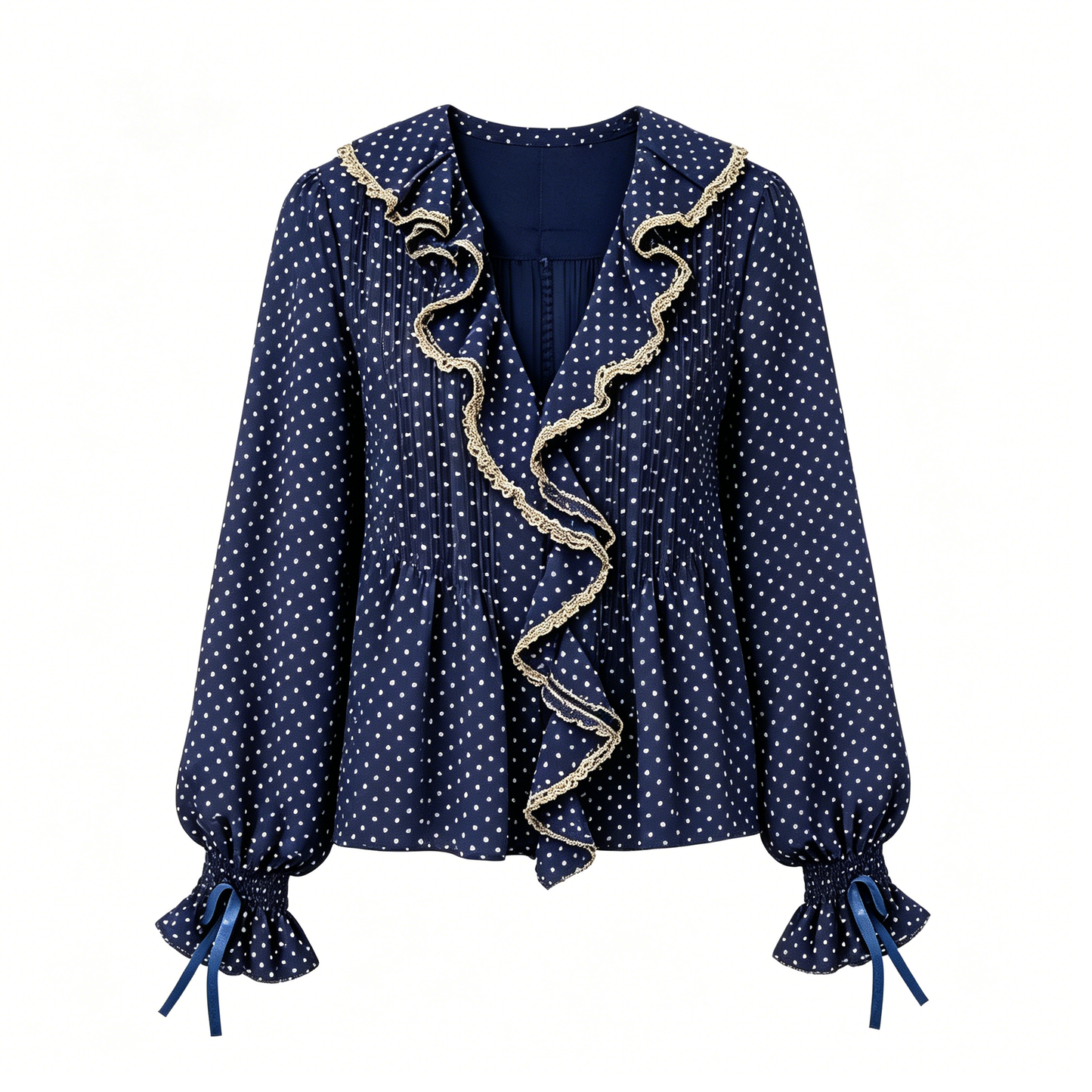 Navy Polka Dot Gold Ruffle Trim Puff Sleeve Blouse
