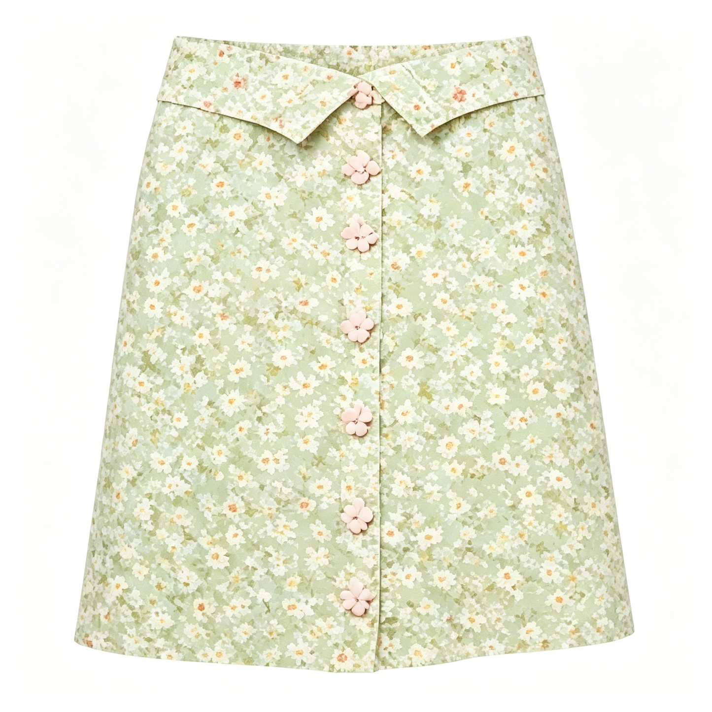 Light Green Floral Button-Front A-Line Mini Skirt