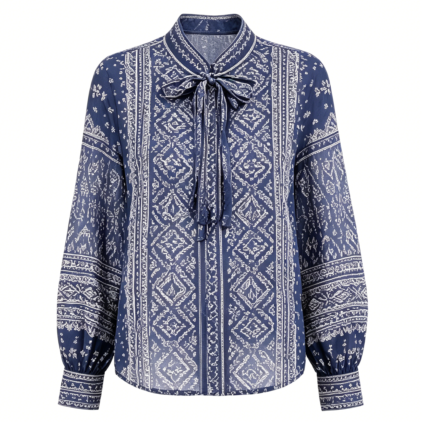 Navy Tribal Print Tie Neck Balloon Sleeve Blouse