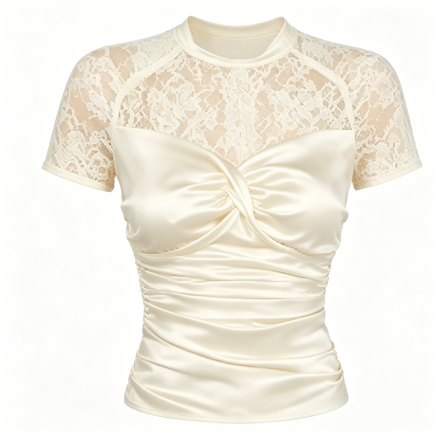 Cream Satin Twist Front Floral Lace Short Sleeve Top