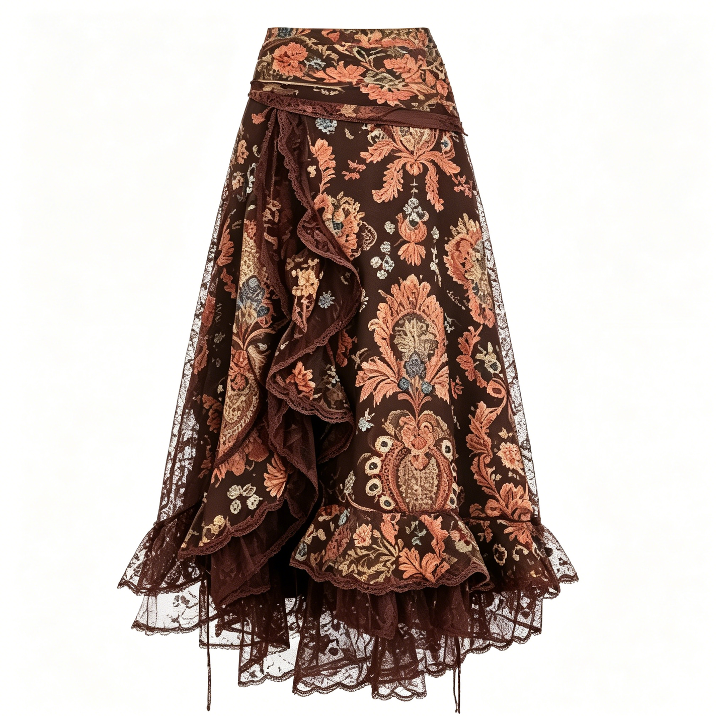 Brown Floral Brocade Lace Midi Skirt
