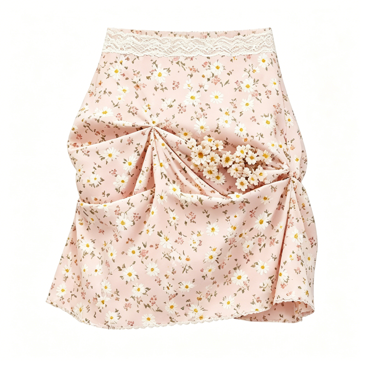 Pink Daisy Print Ruched Mini Skirt