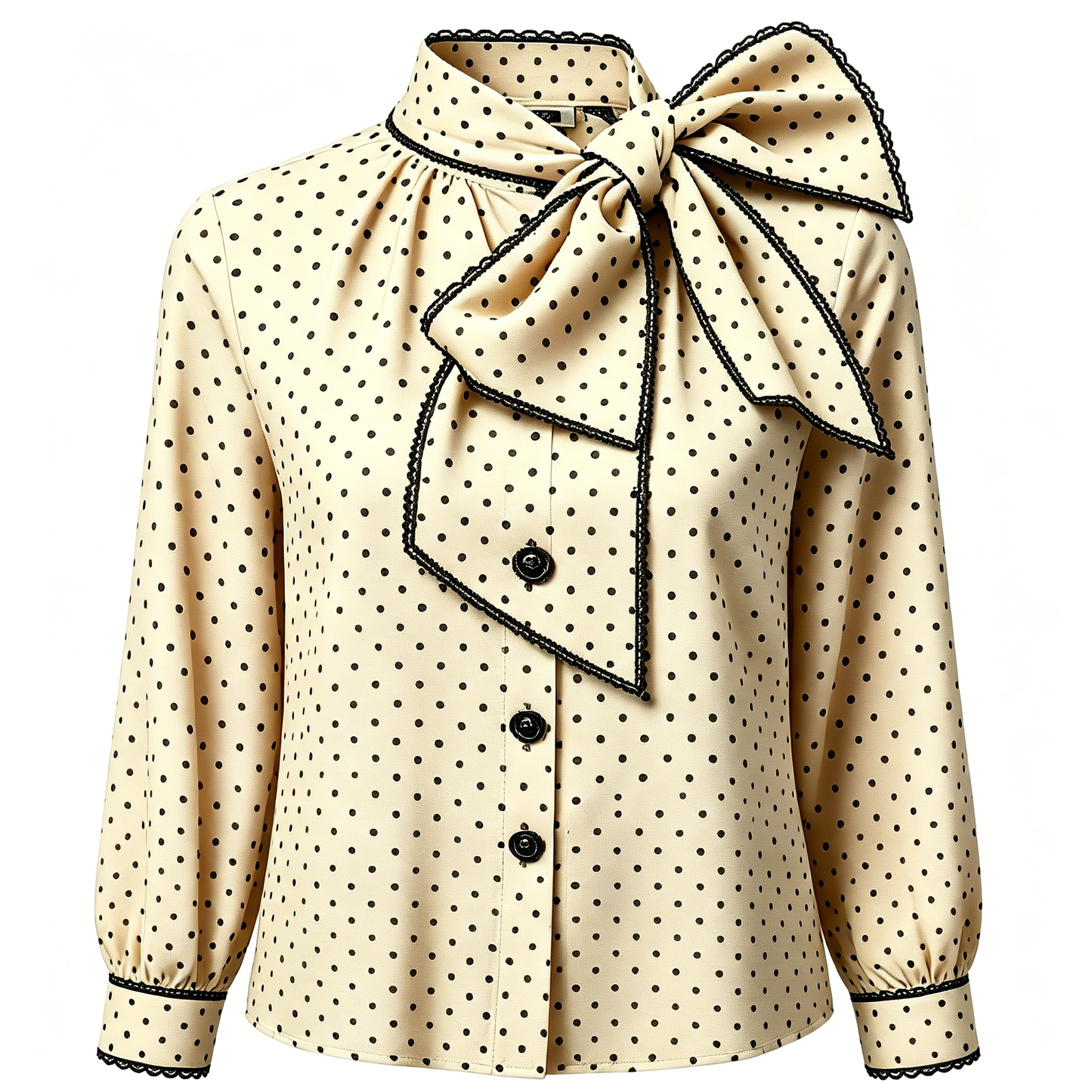 Cream Polka Dot Large Bow Collar Long Sleeve Blouse