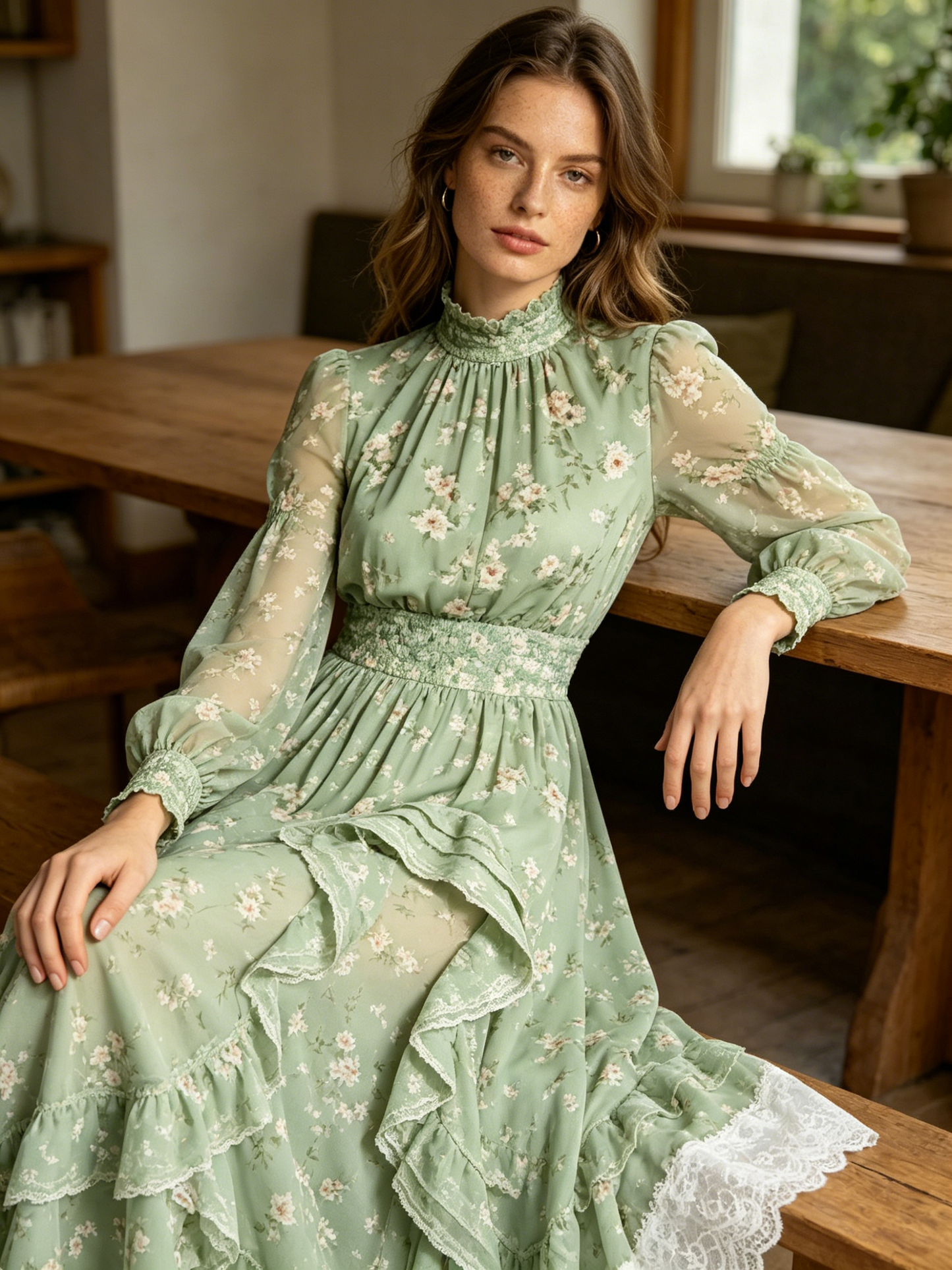 Sage Floral Chiffon Maxi Dress with Lace Trim
