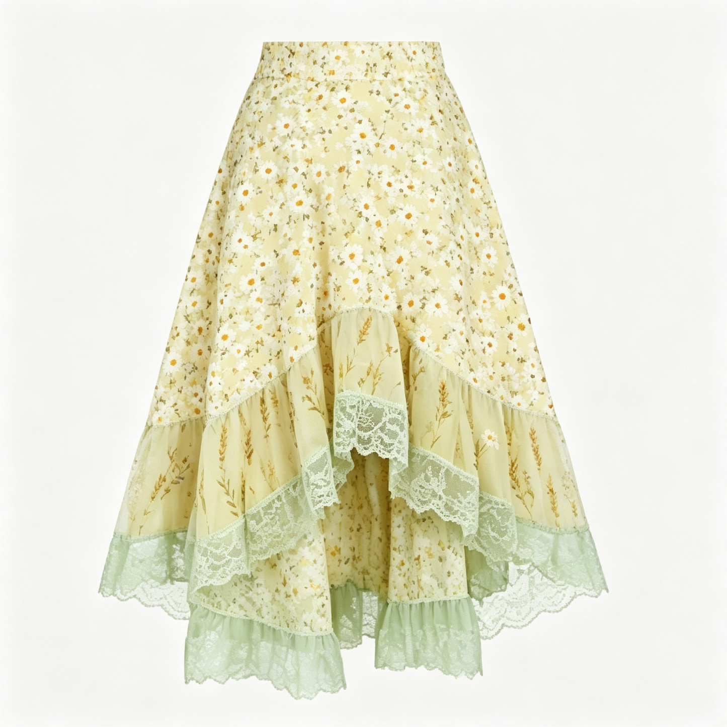 Yellow Daisy Print Lace-Trimmed Midi Skirt