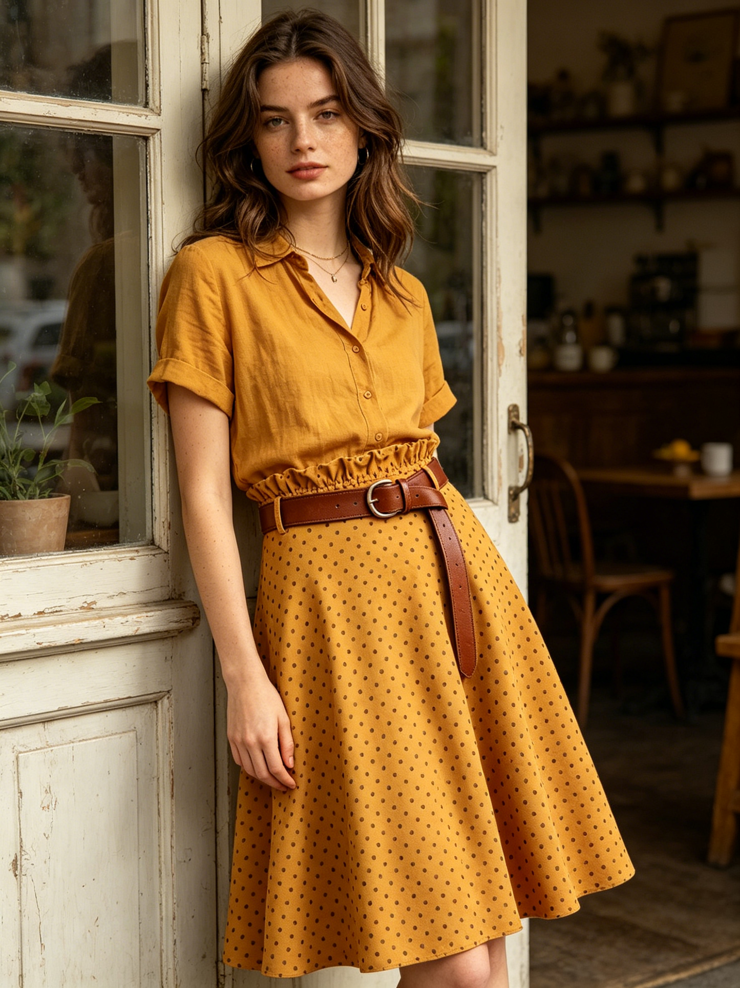 Mustard Polka Dot A-Line Skirt with Leather Belt