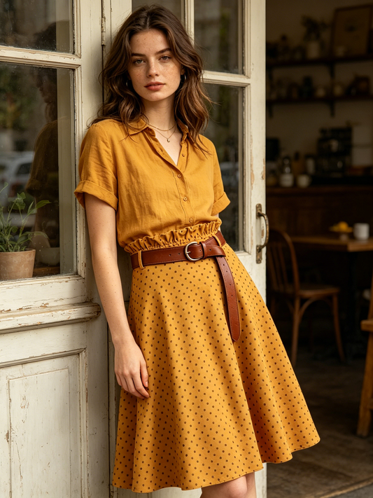 Mustard Polka Dot A-Line Skirt with Leather Belt